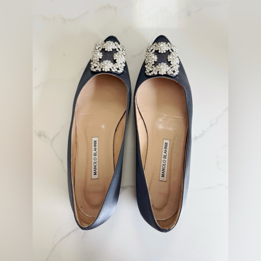 Manolo Blahnik Hangisi Dark Grey Satin Flats with Crystal Embellishment